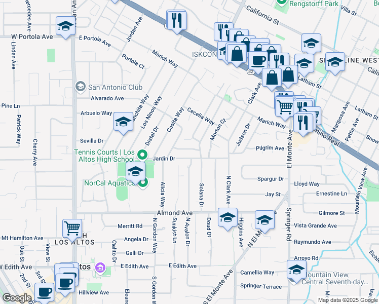 map of restaurants, bars, coffee shops, grocery stores, and more near 2129 Creeden Way in Mountain View