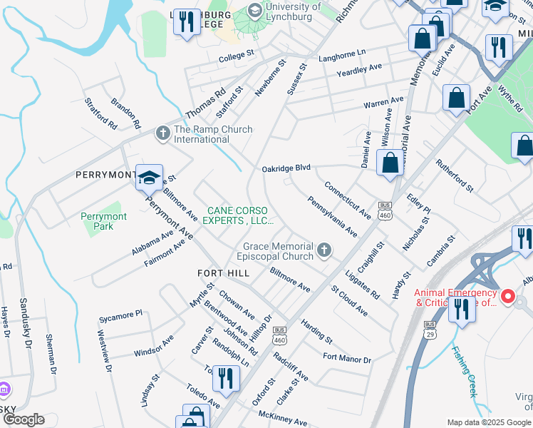 map of restaurants, bars, coffee shops, grocery stores, and more near 825 New Hampshire Avenue in Lynchburg