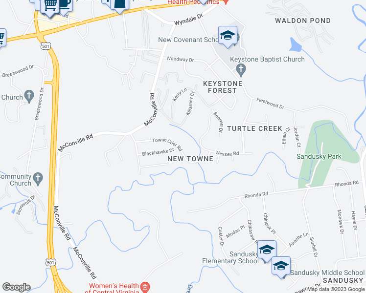 map of restaurants, bars, coffee shops, grocery stores, and more near 304 Towne Crier Road in Lynchburg