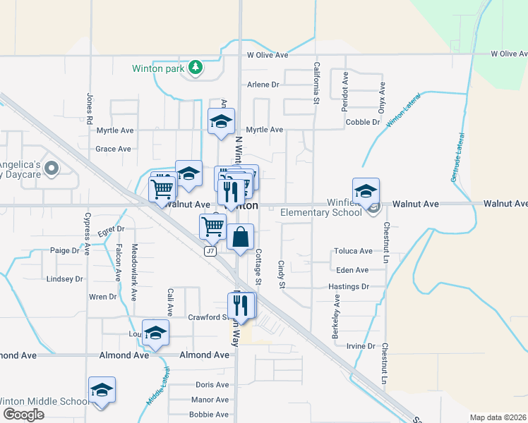 map of restaurants, bars, coffee shops, grocery stores, and more near 6980 Cottage Street in Winton