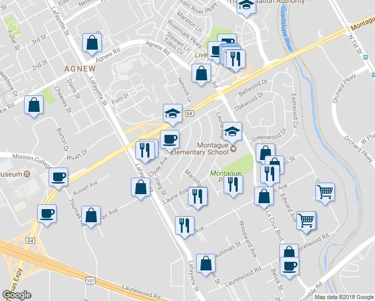 map of restaurants, bars, coffee shops, grocery stores, and more near 928 Leith Avenue in Santa Clara