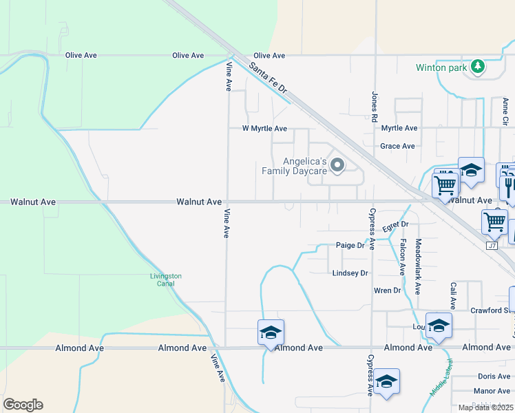 map of restaurants, bars, coffee shops, grocery stores, and more near 7895 Walnut Avenue in Winton