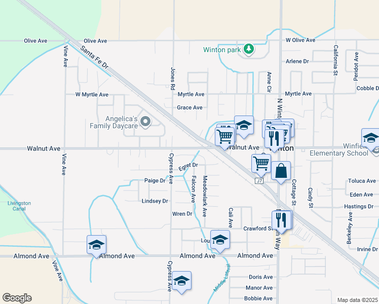 map of restaurants, bars, coffee shops, grocery stores, and more near 7418 West Meadowlark Court in Winton