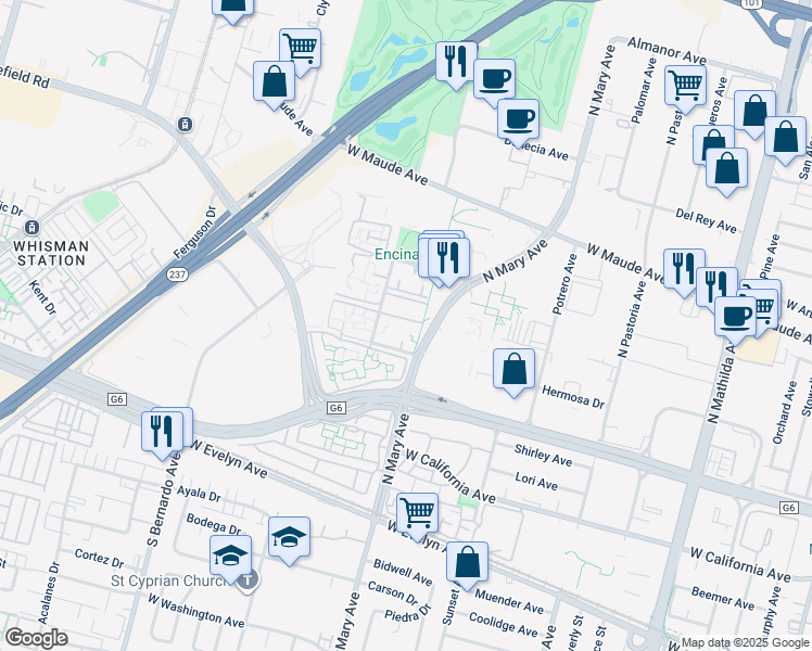map of restaurants, bars, coffee shops, grocery stores, and more near 955 Escalon Avenue in Sunnyvale