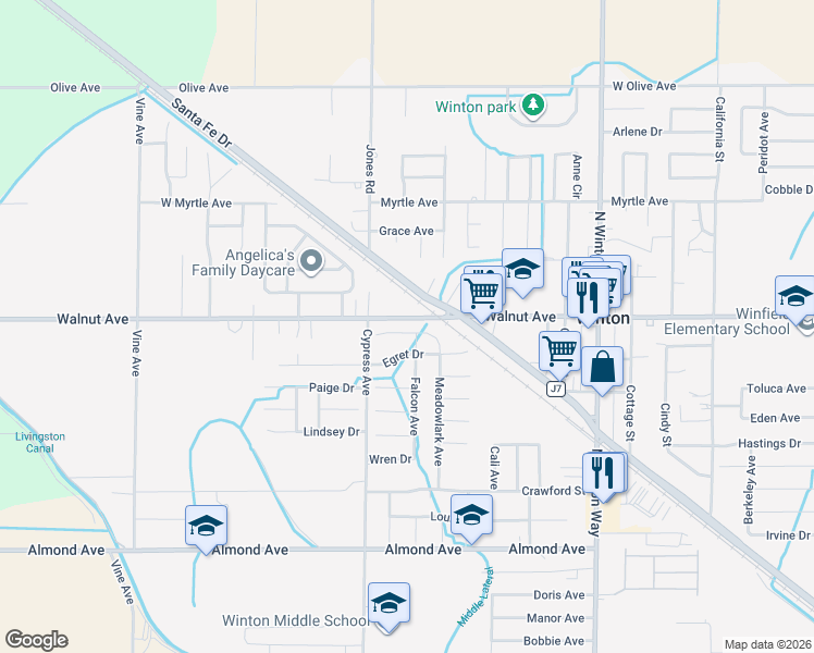 map of restaurants, bars, coffee shops, grocery stores, and more near 7412 Egret Drive in Winton
