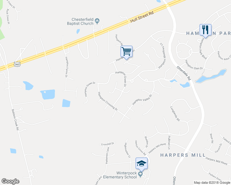 map of restaurants, bars, coffee shops, grocery stores, and more near 8207 Hampton Bluff Terrace in Chesterfield