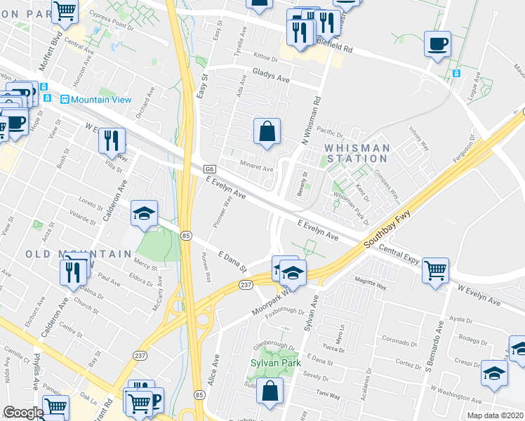 map of restaurants, bars, coffee shops, grocery stores, and more near 177 East Evelyn Avenue in Mountain View