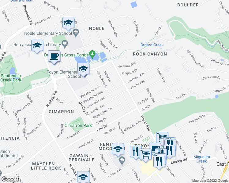 map of restaurants, bars, coffee shops, grocery stores, and more near 3450 San Pablo Avenue in San Jose