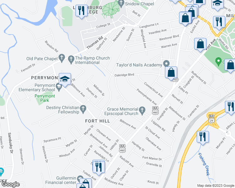 map of restaurants, bars, coffee shops, grocery stores, and more near 825 New Hampshire Avenue in Lynchburg