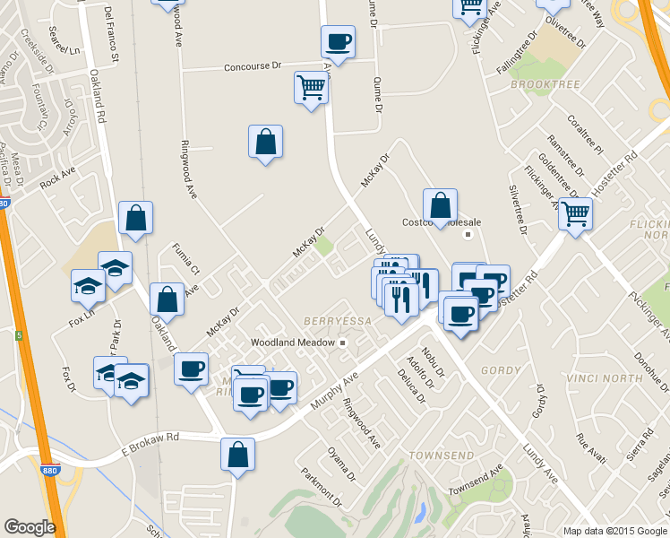 map of restaurants, bars, coffee shops, grocery stores, and more near 1273 Avenida Las Brisas in San Jose
