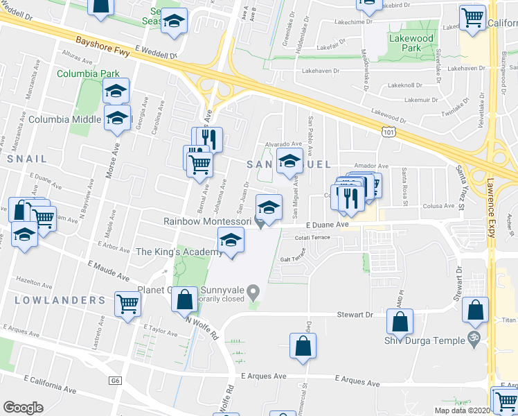 map of restaurants, bars, coffee shops, grocery stores, and more near 763 San Justo Court in Sunnyvale