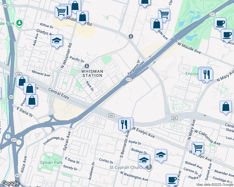 map of restaurants, bars, coffee shops, grocery stores, and more near 303 Ravendale Dr in Mountain View