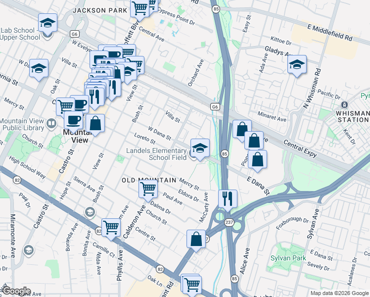 map of restaurants, bars, coffee shops, grocery stores, and more near 120 Azalea Drive in Mountain View