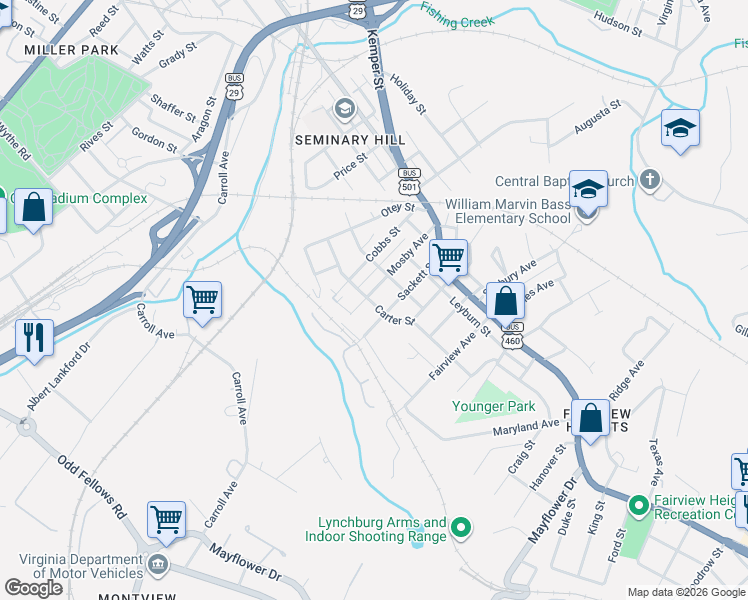 map of restaurants, bars, coffee shops, grocery stores, and more near 2468 Mosby Avenue in Lynchburg