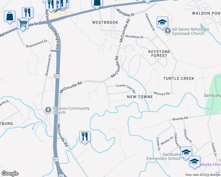 map of restaurants, bars, coffee shops, grocery stores, and more near 300 Blackhawke Drive in Lynchburg