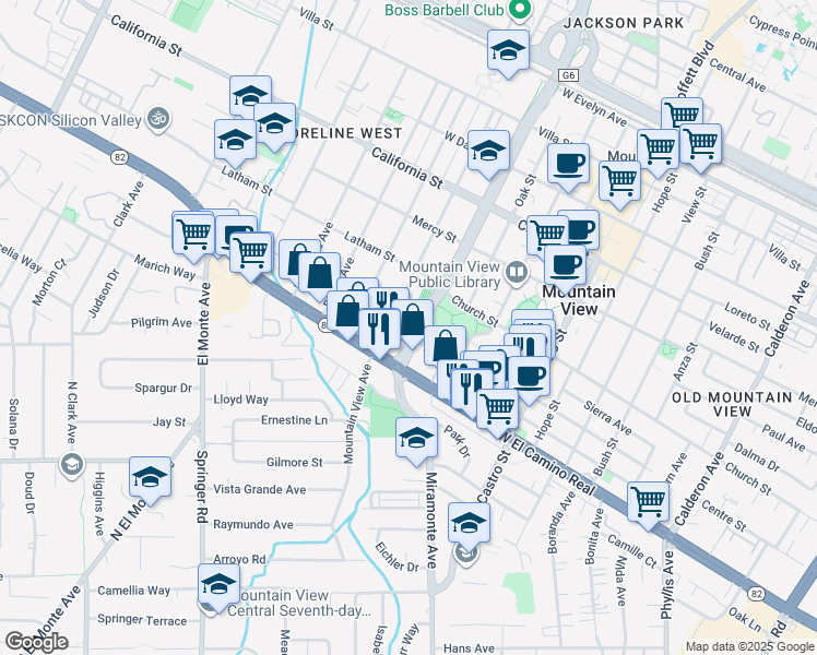 map of restaurants, bars, coffee shops, grocery stores, and more near 716 South Shoreline Boulevard in Mountain View