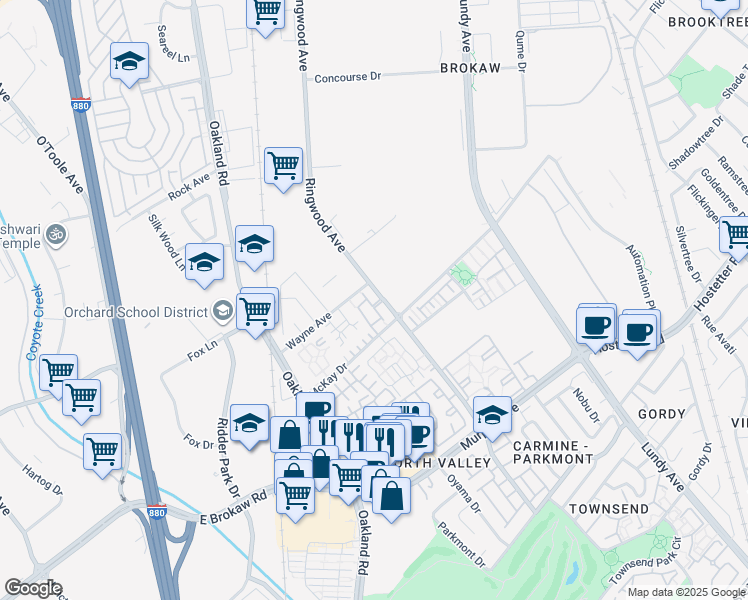 map of restaurants, bars, coffee shops, grocery stores, and more near 1895 Sheri Ann Circle in San Jose