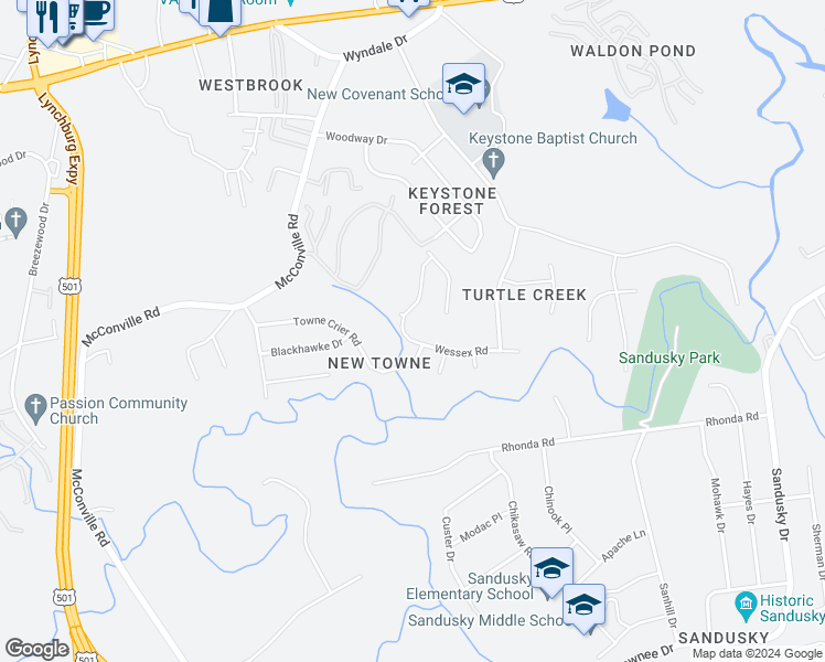 map of restaurants, bars, coffee shops, grocery stores, and more near 308 Wessex Road in Lynchburg