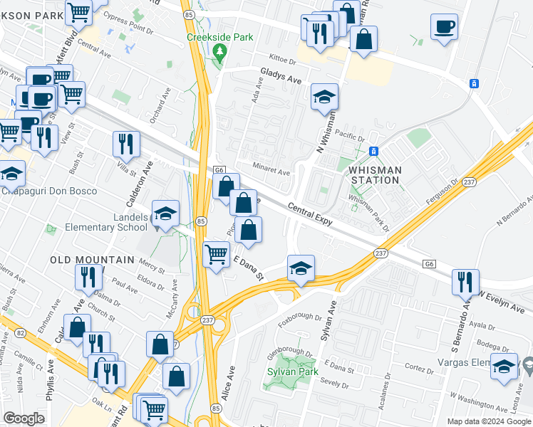 map of restaurants, bars, coffee shops, grocery stores, and more near 177 East Evelyn Avenue in Mountain View