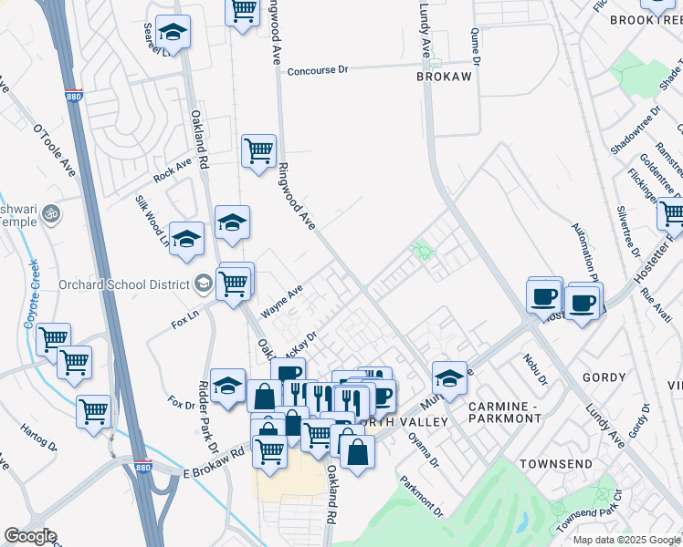 map of restaurants, bars, coffee shops, grocery stores, and more near 1895 Sheri Ann Circle in San Jose