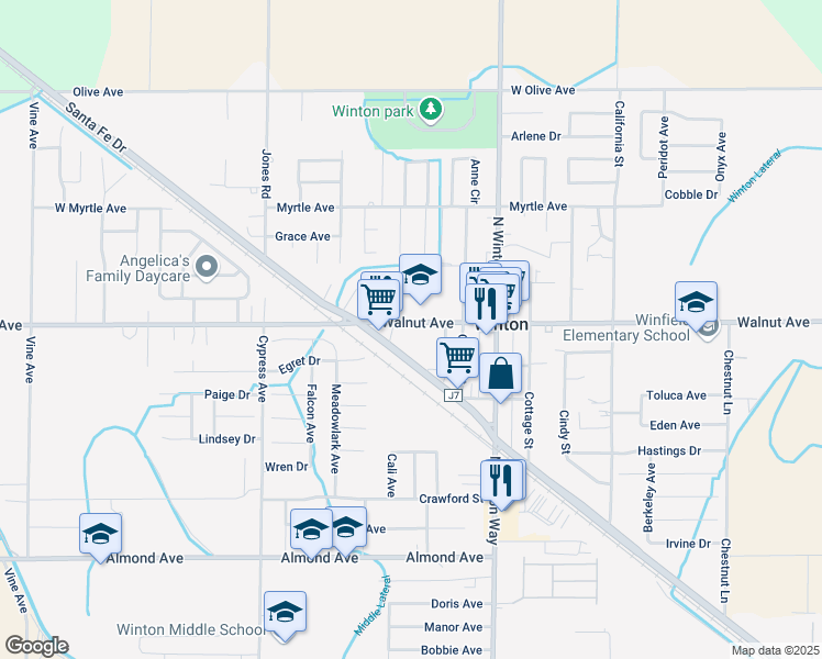 map of restaurants, bars, coffee shops, grocery stores, and more near 7149 Walnut Avenue in Winton