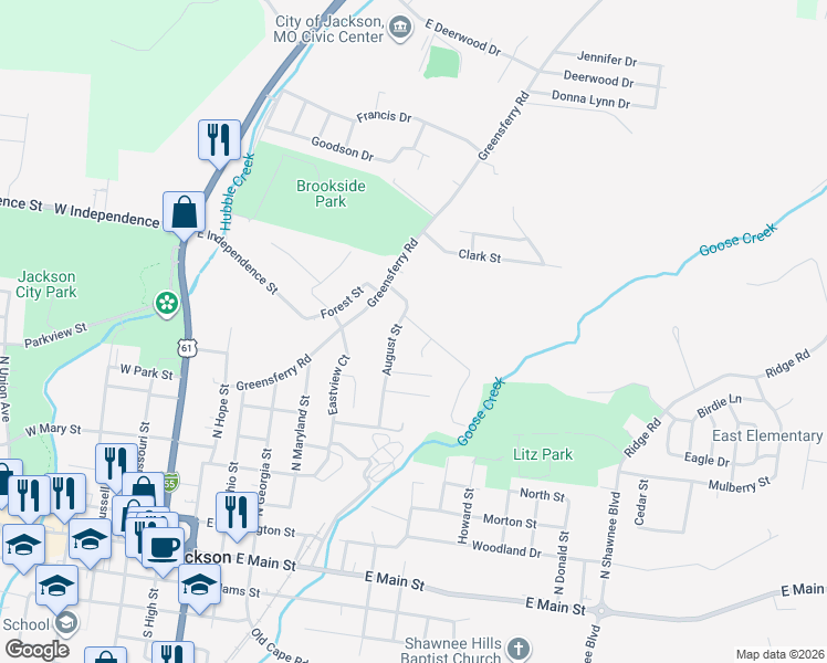 map of restaurants, bars, coffee shops, grocery stores, and more near 819 Odus Drive in Jackson
