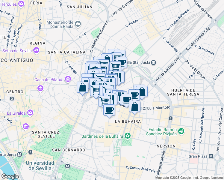 map of restaurants, bars, coffee shops, grocery stores, and more near 6 Calle Juan Antonio Cavestany in Sevilla