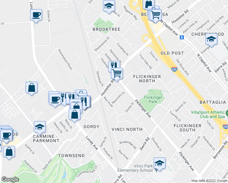 map of restaurants, bars, coffee shops, grocery stores, and more near Autumn Gold Drive in San Jose