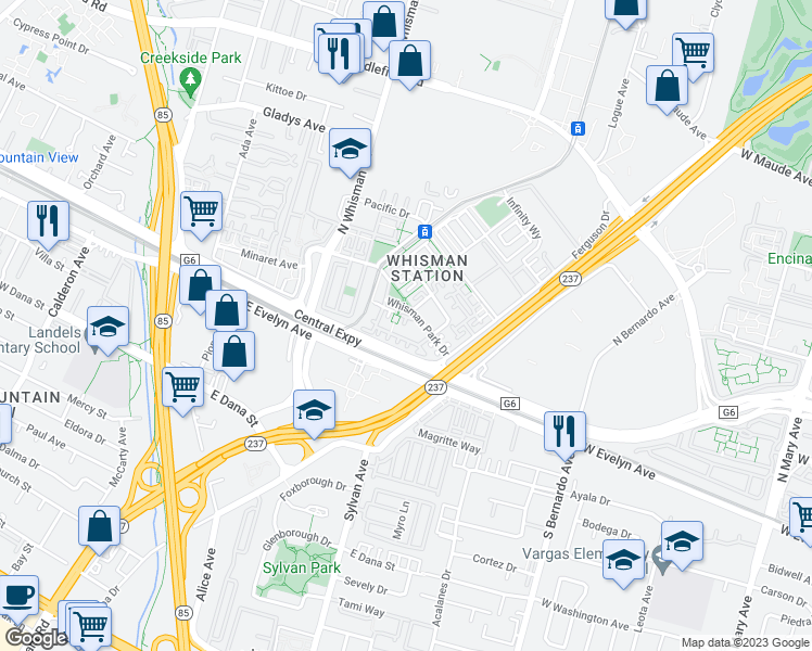 map of restaurants, bars, coffee shops, grocery stores, and more near 141 Huntington Court in Mountain View