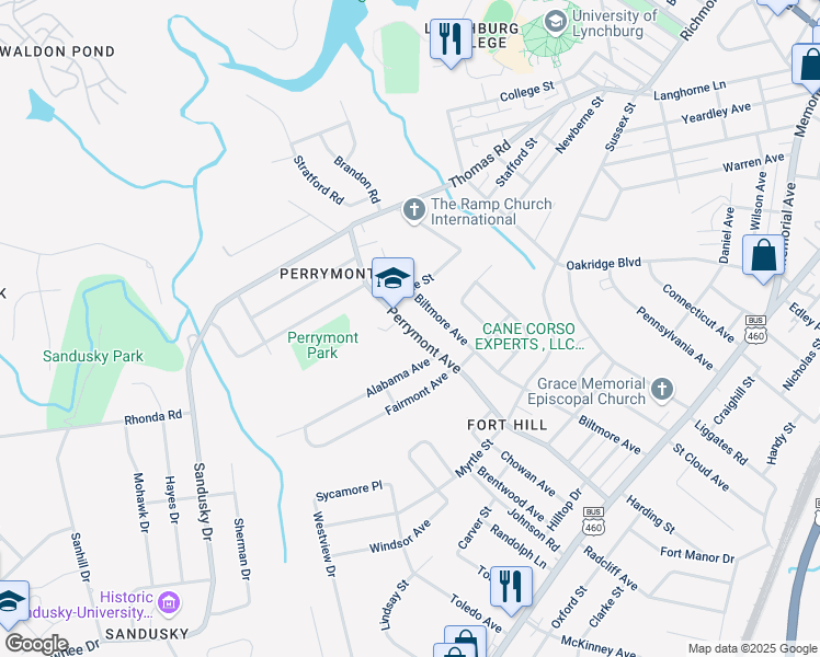 map of restaurants, bars, coffee shops, grocery stores, and more near 807 Perrymont Avenue in Lynchburg