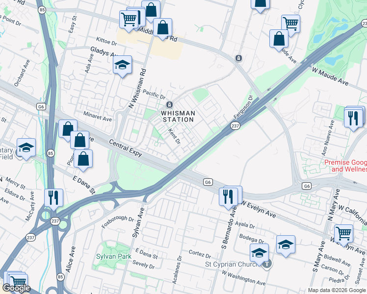 map of restaurants, bars, coffee shops, grocery stores, and more near 171 Cameron Drive in Mountain View