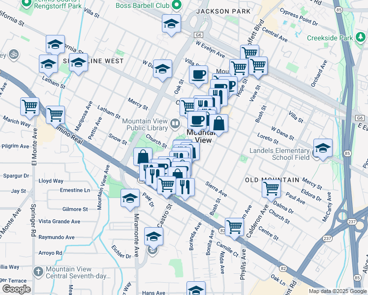 map of restaurants, bars, coffee shops, grocery stores, and more near 580 Castro Street in Mountain View