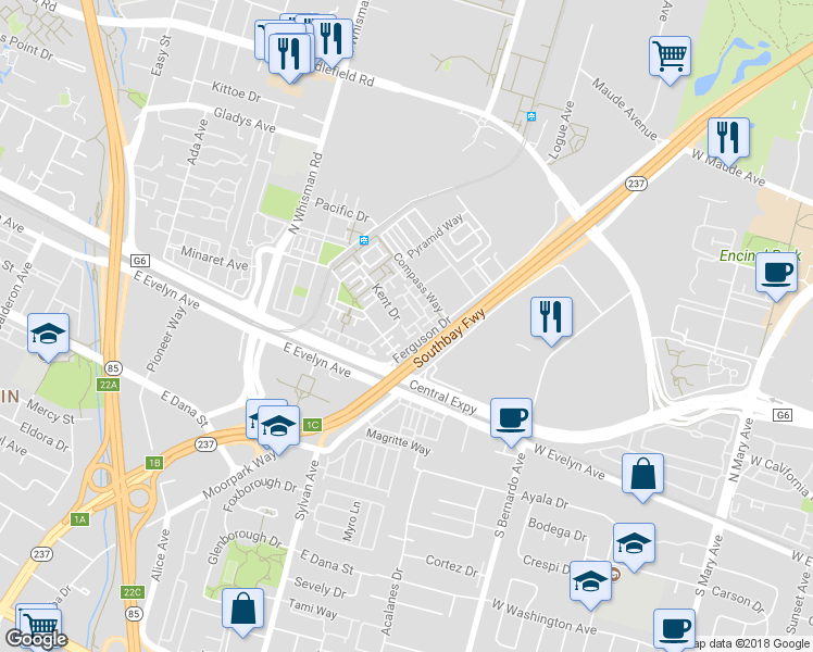 map of restaurants, bars, coffee shops, grocery stores, and more near 171 Cameron Drive in Mountain View