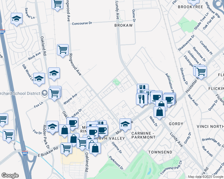 map of restaurants, bars, coffee shops, grocery stores, and more near 1241 Avenida Benito in San Jose