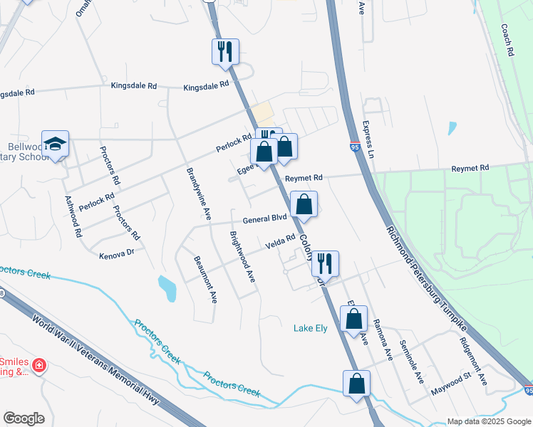 map of restaurants, bars, coffee shops, grocery stores, and more near 2624 General Boulevard in Richmond
