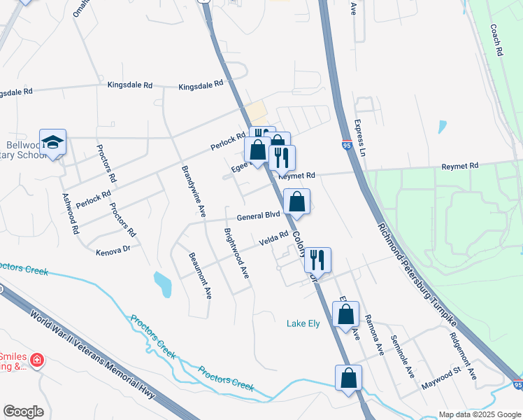 map of restaurants, bars, coffee shops, grocery stores, and more near 2624 General Boulevard in Richmond