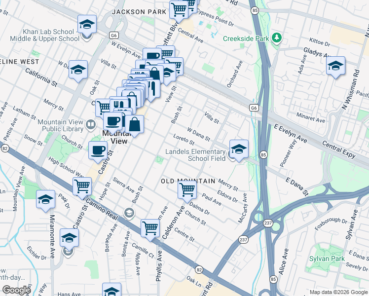 map of restaurants, bars, coffee shops, grocery stores, and more near 375 Velarde Street in Mountain View