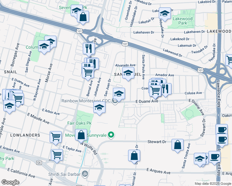 map of restaurants, bars, coffee shops, grocery stores, and more near 763 San Justo Court in Sunnyvale