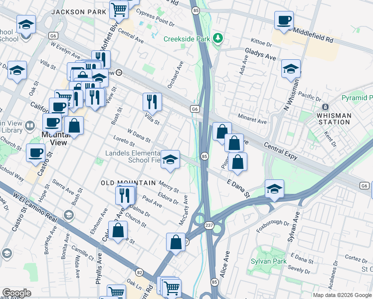 map of restaurants, bars, coffee shops, grocery stores, and more near 151 Calderon Avenue in Mountain View