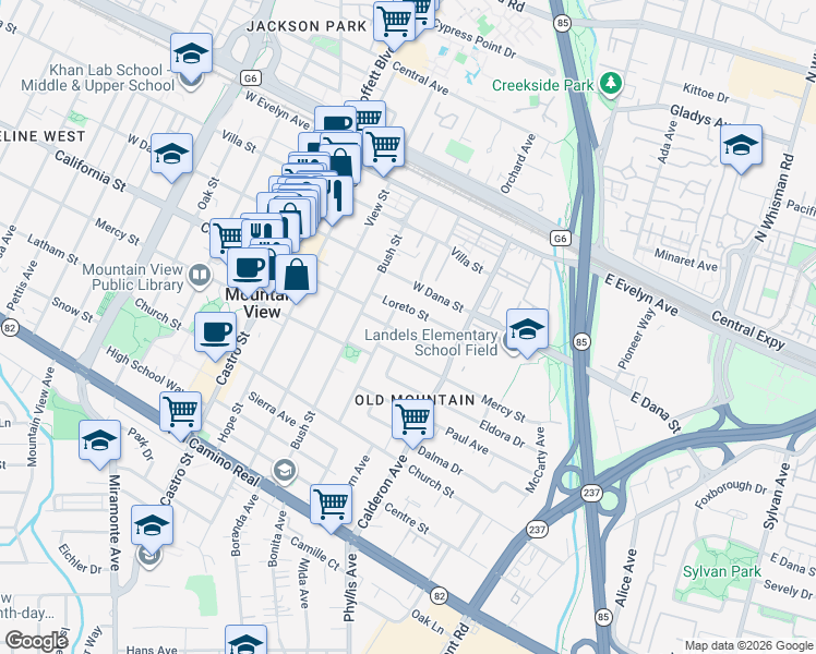 map of restaurants, bars, coffee shops, grocery stores, and more near 375 Velarde Street in Mountain View