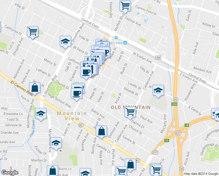 map of restaurants, bars, coffee shops, grocery stores, and more near in Mountain View
