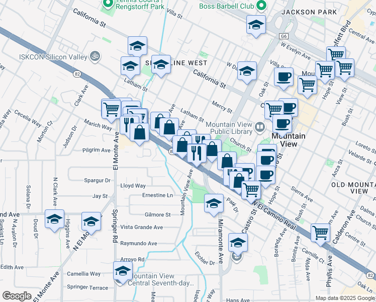 map of restaurants, bars, coffee shops, grocery stores, and more near 1398 West El Camino Real in Mountain View