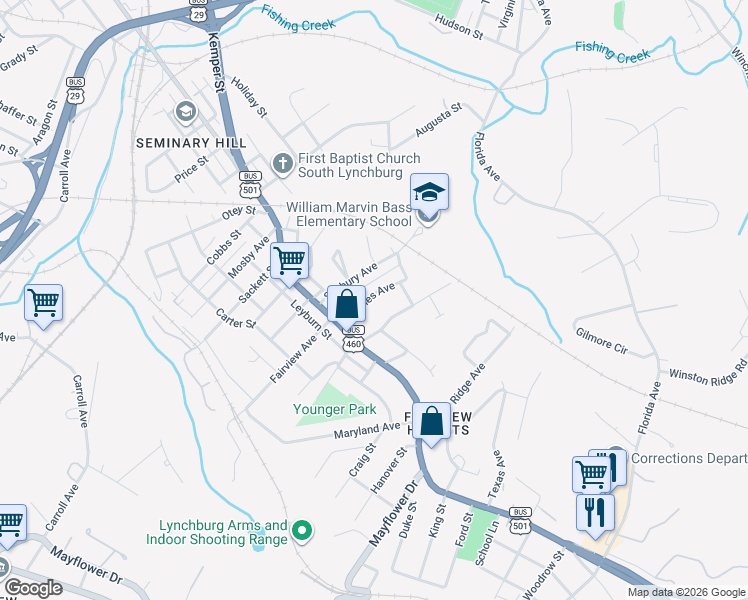 map of restaurants, bars, coffee shops, grocery stores, and more near 2025 Pocahontas Street in Lynchburg