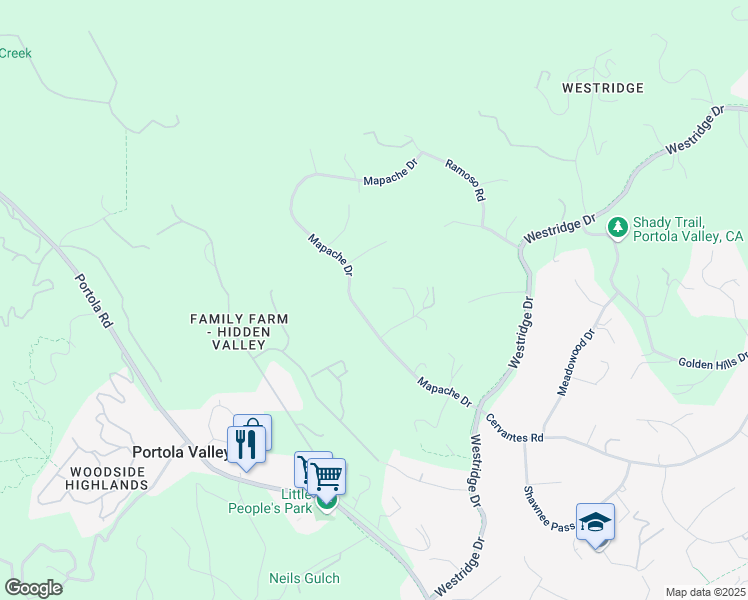 map of restaurants, bars, coffee shops, grocery stores, and more near 177 Mapache Drive in Portola Valley