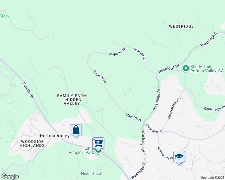 map of restaurants, bars, coffee shops, grocery stores, and more near 170 Mapache Drive in Portola Valley