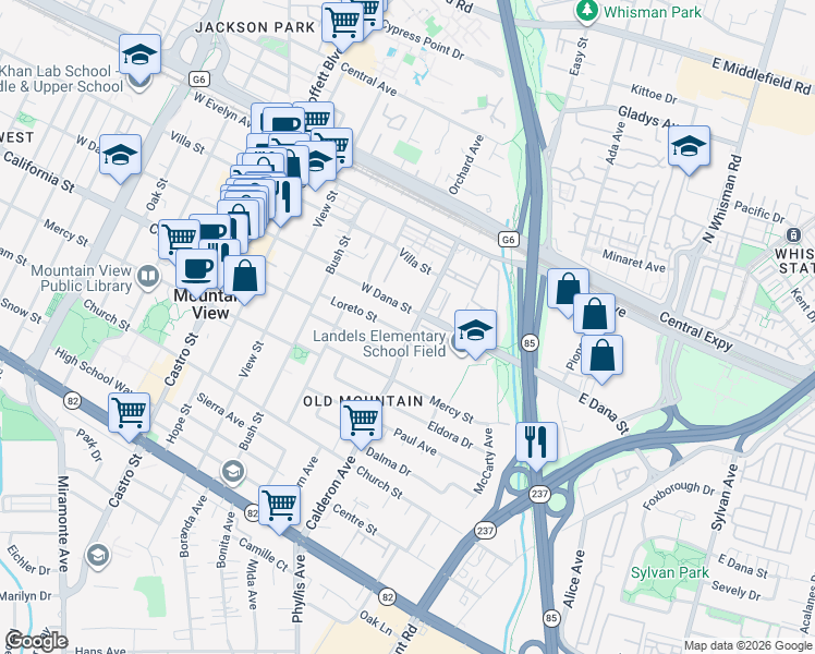 map of restaurants, bars, coffee shops, grocery stores, and more near 220 Loreto Street in Mountain View