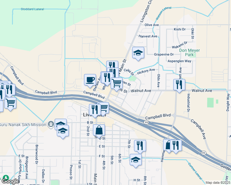 map of restaurants, bars, coffee shops, grocery stores, and more near 1505 Crowell Street in Livingston