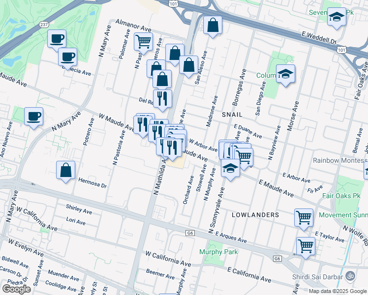 map of restaurants, bars, coffee shops, grocery stores, and more near 327 West Maude Avenue in Sunnyvale