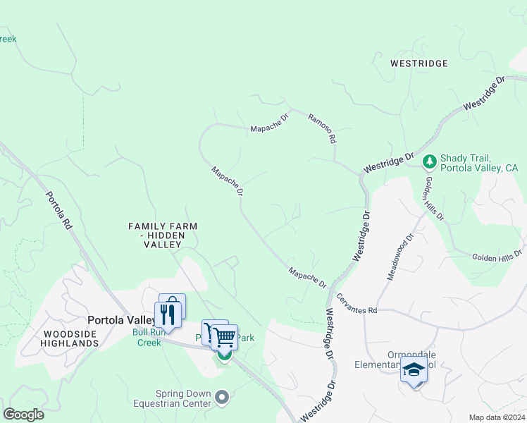 map of restaurants, bars, coffee shops, grocery stores, and more near 170 Mapache Drive in Portola Valley