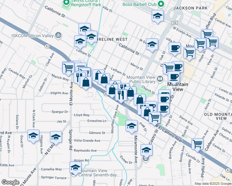 map of restaurants, bars, coffee shops, grocery stores, and more near 1398 West El Camino Real in Mountain View